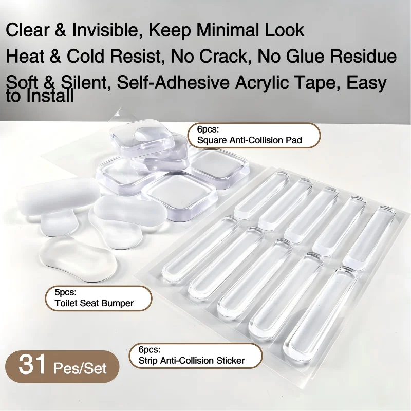 

31Pcs Self-Adhesive Soft Transparent Bumper Pads, Silent Shock Absorber Cushions for Cabinets, Toilet & Wall