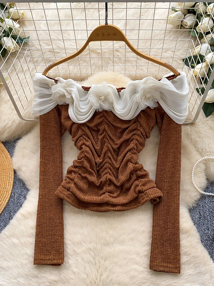 

Women Autumn Blouse Sexy Hot Girl Style Beaded 3D Waves Flower One-shoulder Long-sleeved Pleated Short Shirt Pullover Top BL290