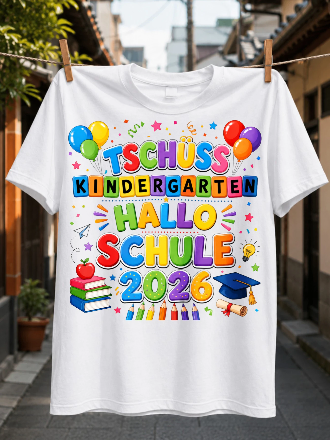 Tschuss Kindergarten Hallo Schule 2026 Graphic with books pencils diploma balloons and colorful  Unisex All T-Shirt