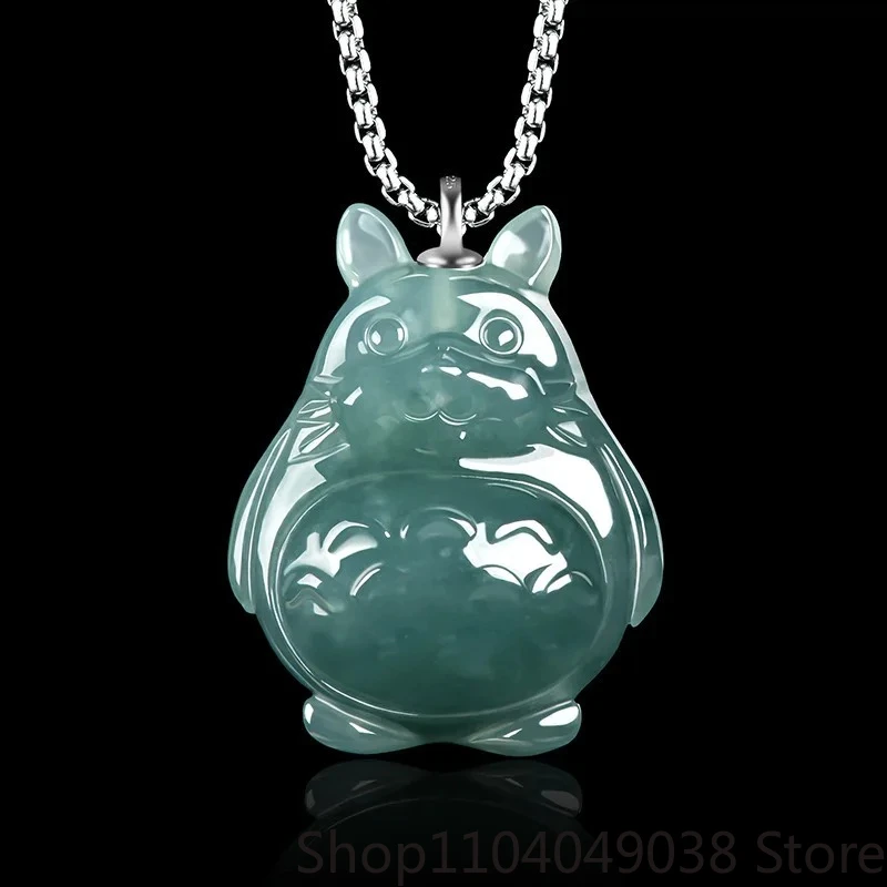 

Authentic Natural Jadeite Blue Water Stereoscopic Totoro Pendant Beautifully Carved Ice Cute Fashion Necklace for Men and Women
