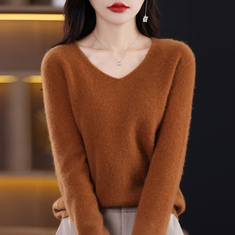 Cashmere Sweater Women\'s 100%Merino Wool V-Neck Fashion Pullover Winter And Autumn Pullover Basic Knitted Top Wholesale Discount