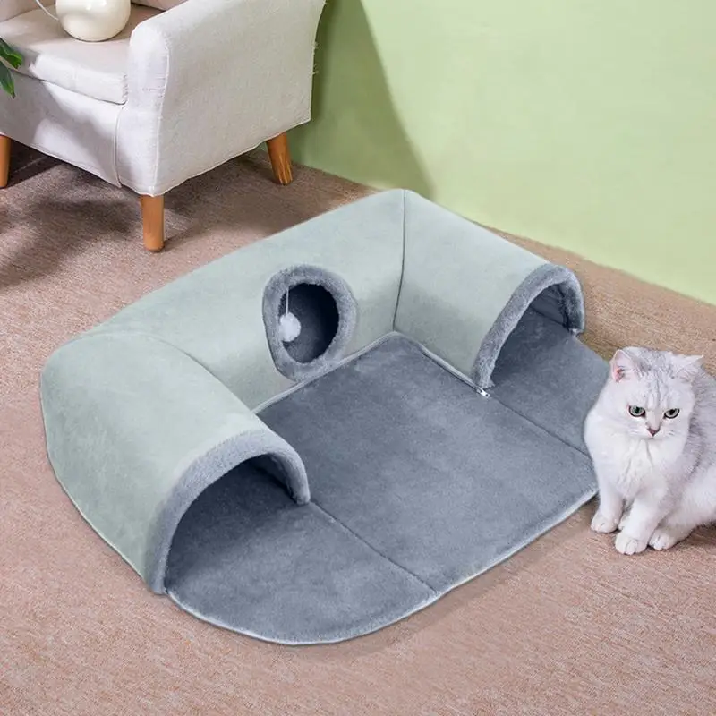 U Shape Cat Tunnel Bed For Indoor Kitten Cave Play Pet Supplies Seasonal Cat Couch with Hanging Plush Ball Toy