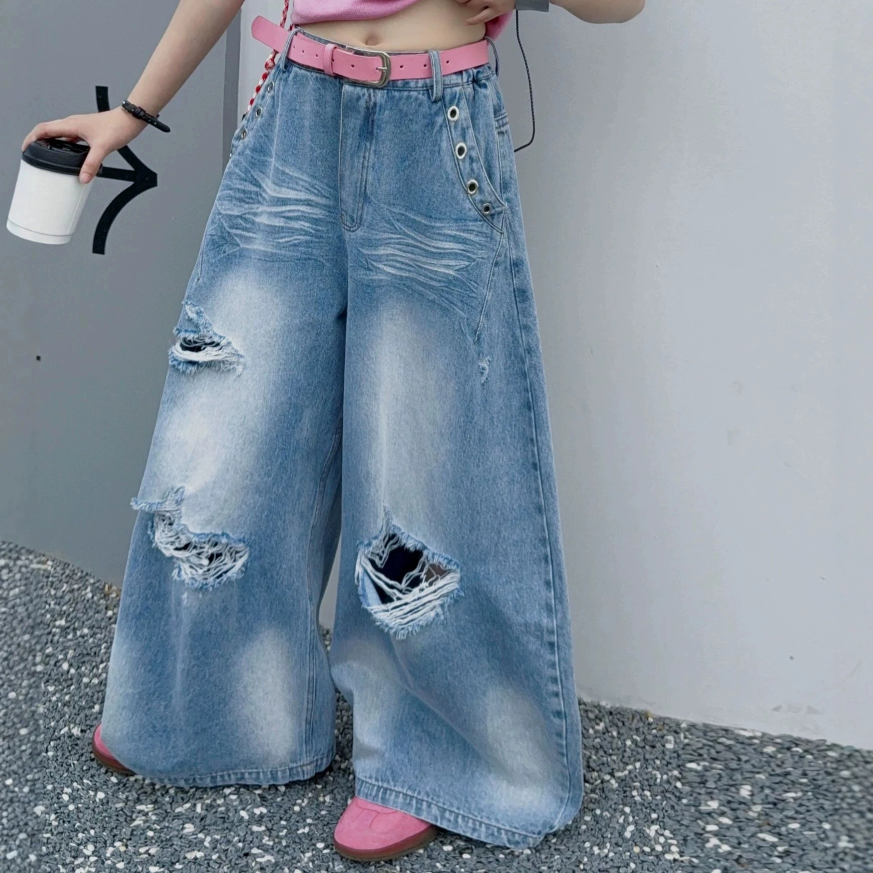 Summer Hot Sale Girls Ripped Distressed Jeans Baggy Wide Leg Pants with Stretchy Waist Denim Pants for Kids Children Age 5-14Y