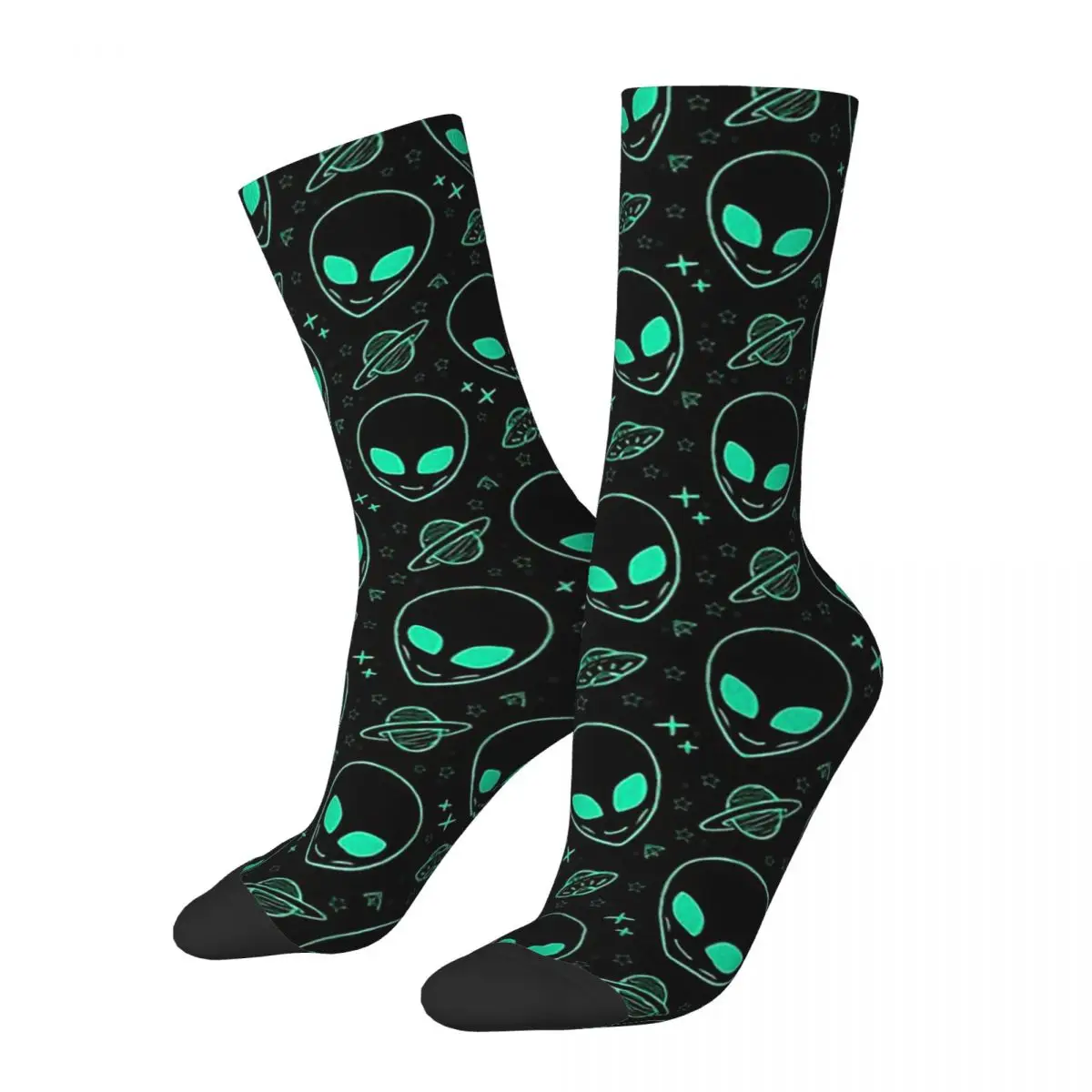 Funny Crazy Sock for Men Alien Pattern Hip Hop Vintage Alien Seamless Pattern Printed Boys Crew Sock Novelty Gift