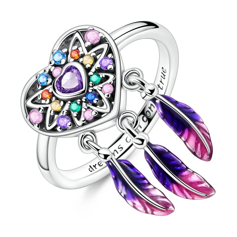 Original 925 prata esterlina espumante sonho coração dreamcatcher anel para mulheres meninas jóias presentes de aniversário