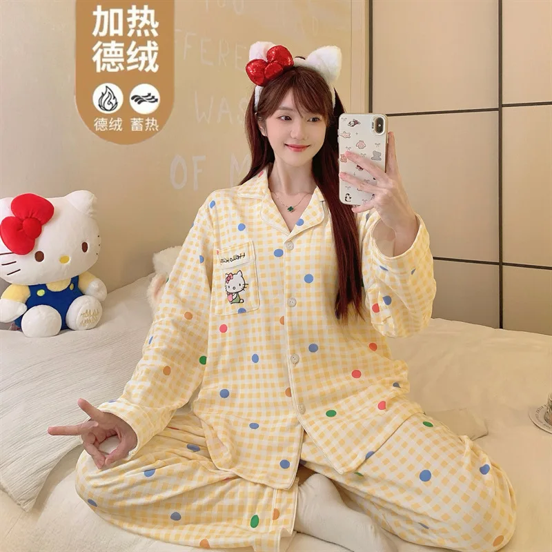 

Hello Kitty kawaii, плотная одежда для сна Sanrios, женские осенне-зимние брюки с длинными рукавами, теплый модный милый комплект домашней одежды с героями мультфильмов