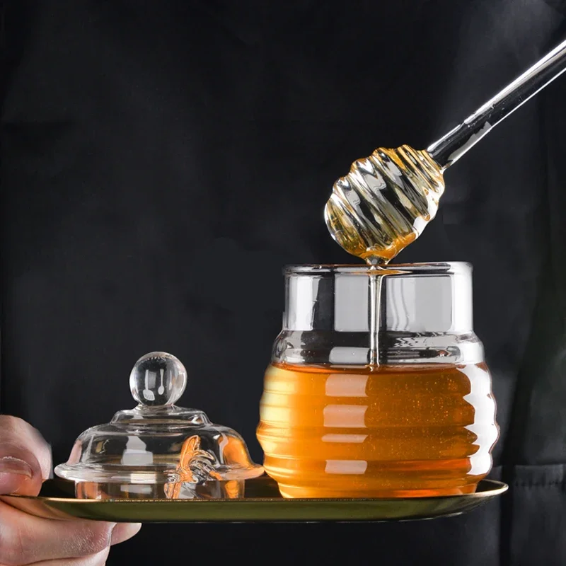 Honey Jar Glass Honey Pot Syrup Dispenser with Dipper and Lid Beehive Honey Container for Home Kitchen Accessories 250ML