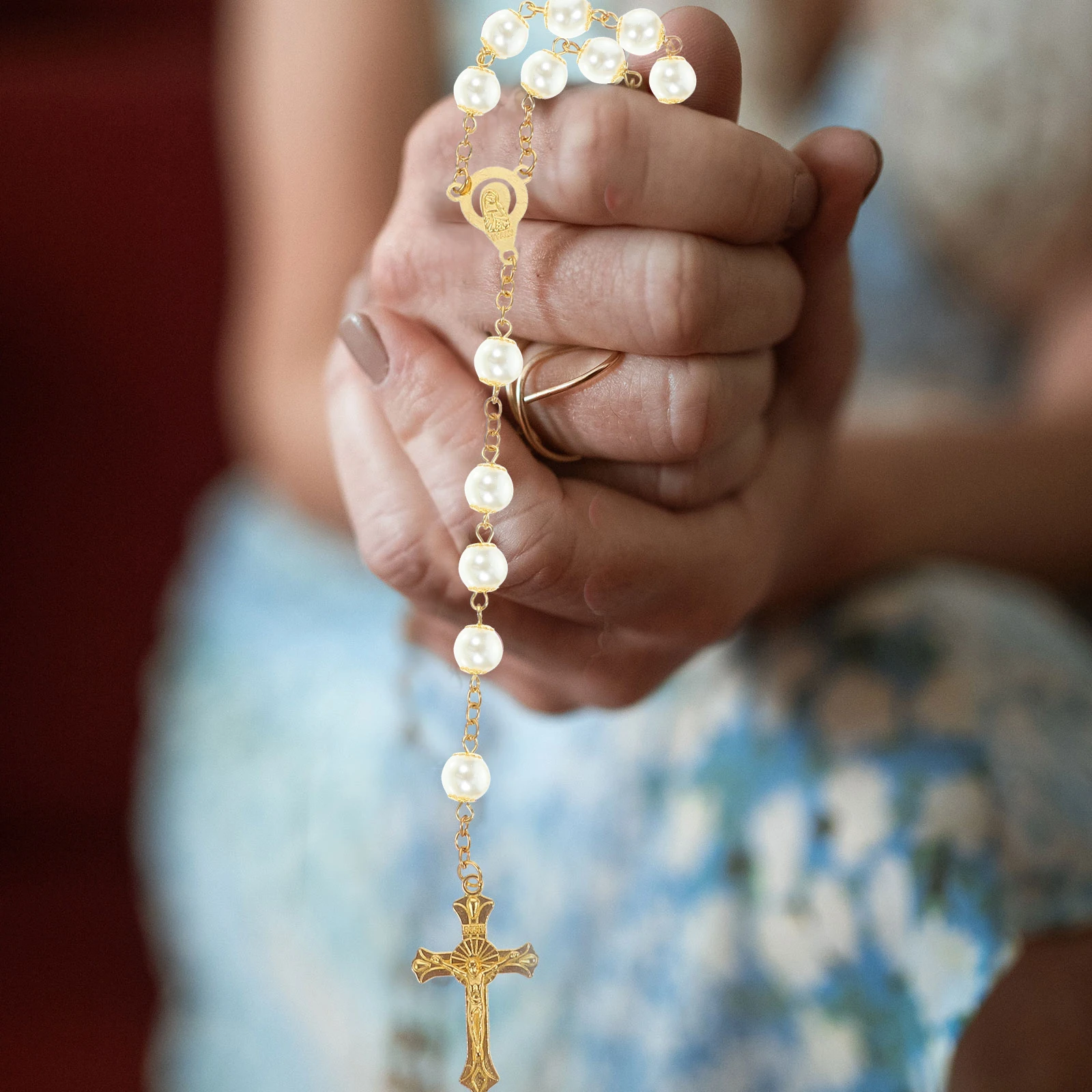 

Golden Pearl Necklace Small Cross 7mm Pearls Rosary Beads Adjustable Chain Crucifix Necklaces Cross Pendant Jewelry Gift