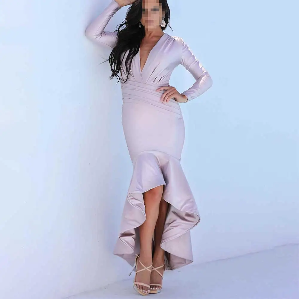 

Women's Elegant V-Neck Long Sleeve Pleated Mermaid Evening Dress with Ruffles Prom Party Gowns Formal Wedding Guest Dress