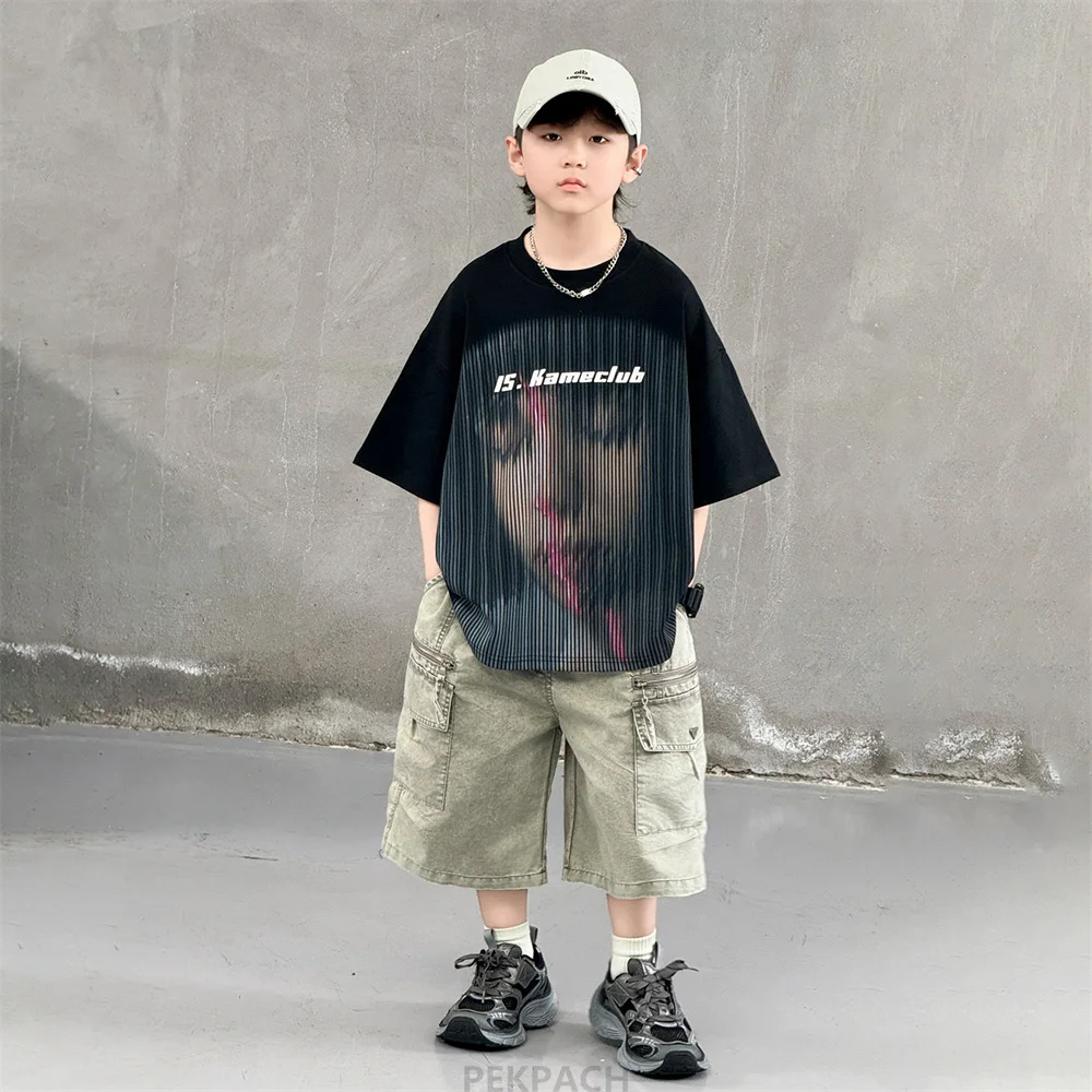 Korean Children Fashion Summer Clothes for Boy Streetwear Outfit Suit T-shirt Shorts Clothing Set Kids Street Top And Bottom Set