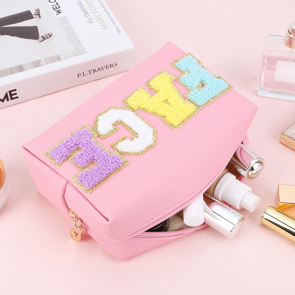 

3PCS Preppy Patch Makeup Bag Zipper Closure Chenille Letter Makeup Organizer Bag Set PU Leather for Women for Travel Accessories