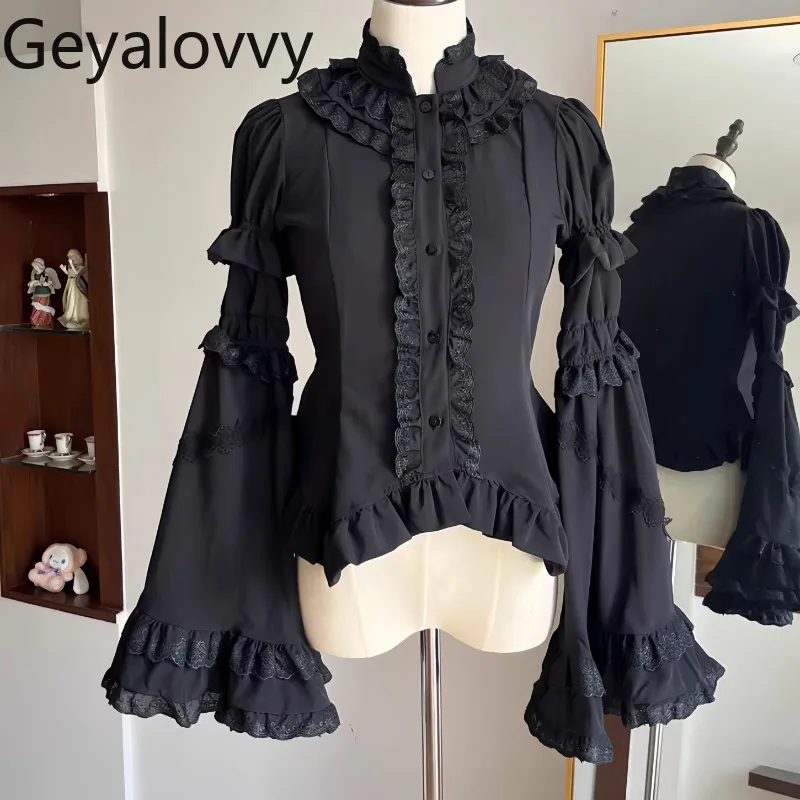 Summer Classical Slimming Skinny Gothic Lolita Inner Shirt Lolita Sweet Versatile Stand-Up Collar Sleeve Solid Color Tops