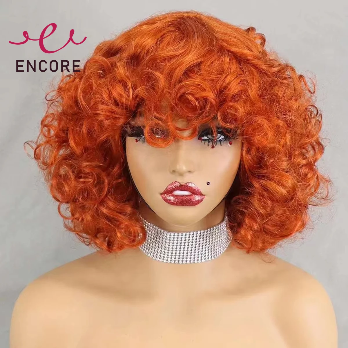 

200% Density 350# Ginger Orange Bouncy Curly Human Hair Wigs Short Machine Made Curly Bob Wigs with Bangs PrePlucked for Women