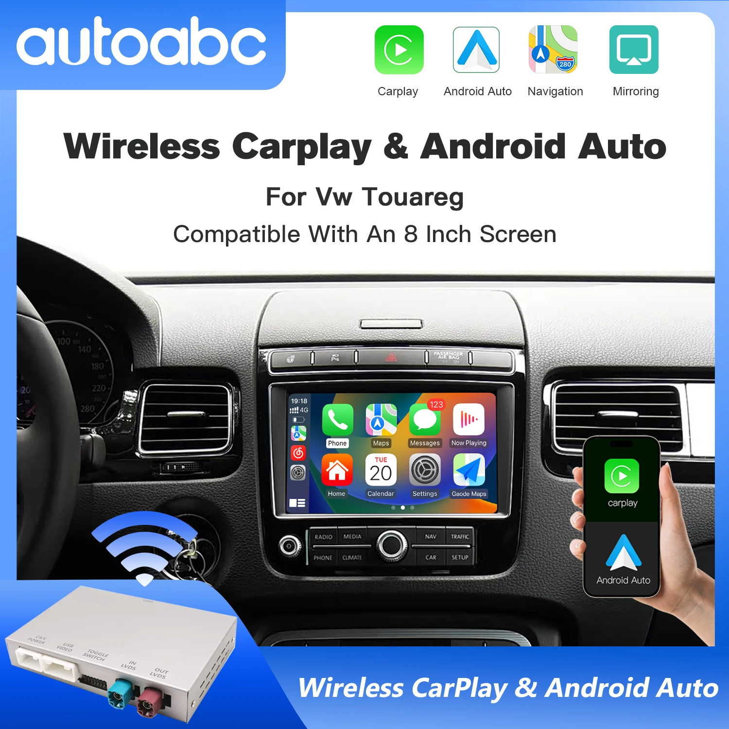 AUTOABC Wireless CarPlay AirPlay Box Android Auto Modul für Volkswagen Touareg RNS850 mit Kameraunterstützung