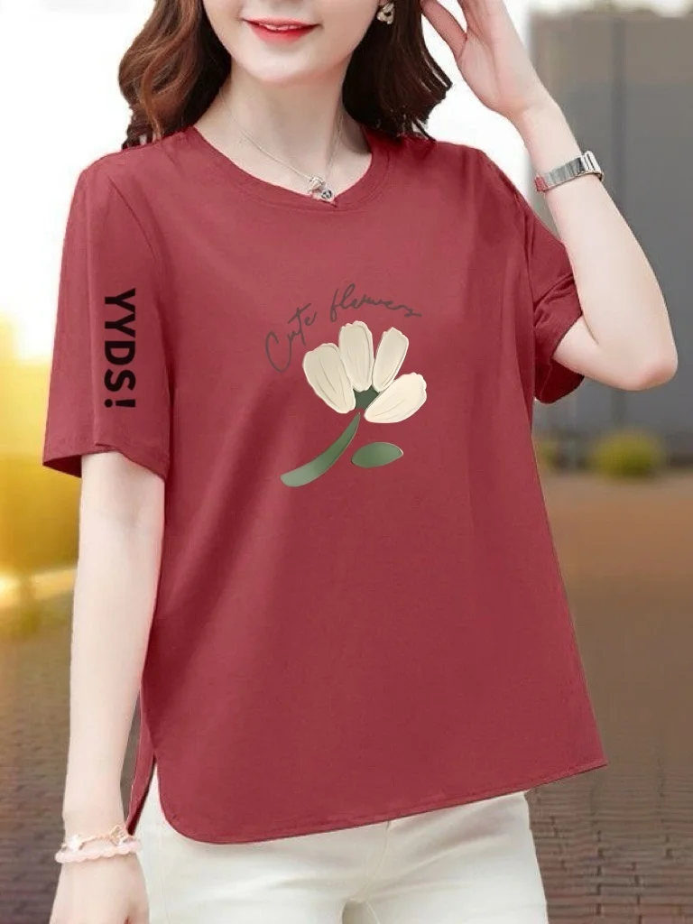 

Casual Loose Short Sleeve T-Shirt Women's Middle-Aged And Elderly Printed Slimming Meat-Covering Fashionable Youthful Versati...