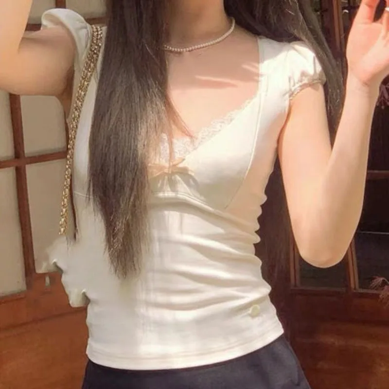 

Ropa Mujer 2022, японские футболки для женщин, сексуальные футболки с v-образным вырезом и короткими рукавами, лоскутная кружевная туника, футболка, укороченные топы, летние майки