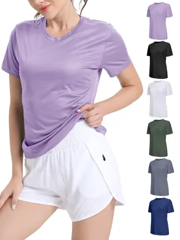여성용 솔리드 컬러 초경량 빠른 건조 스포츠 티셔츠, 통기성 경량, 러닝 체육관 압축 셔츠