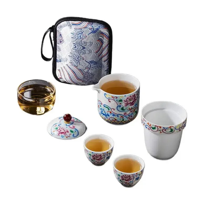 

Enamel ceramic travel tea set, portable one-person outdoor tea set