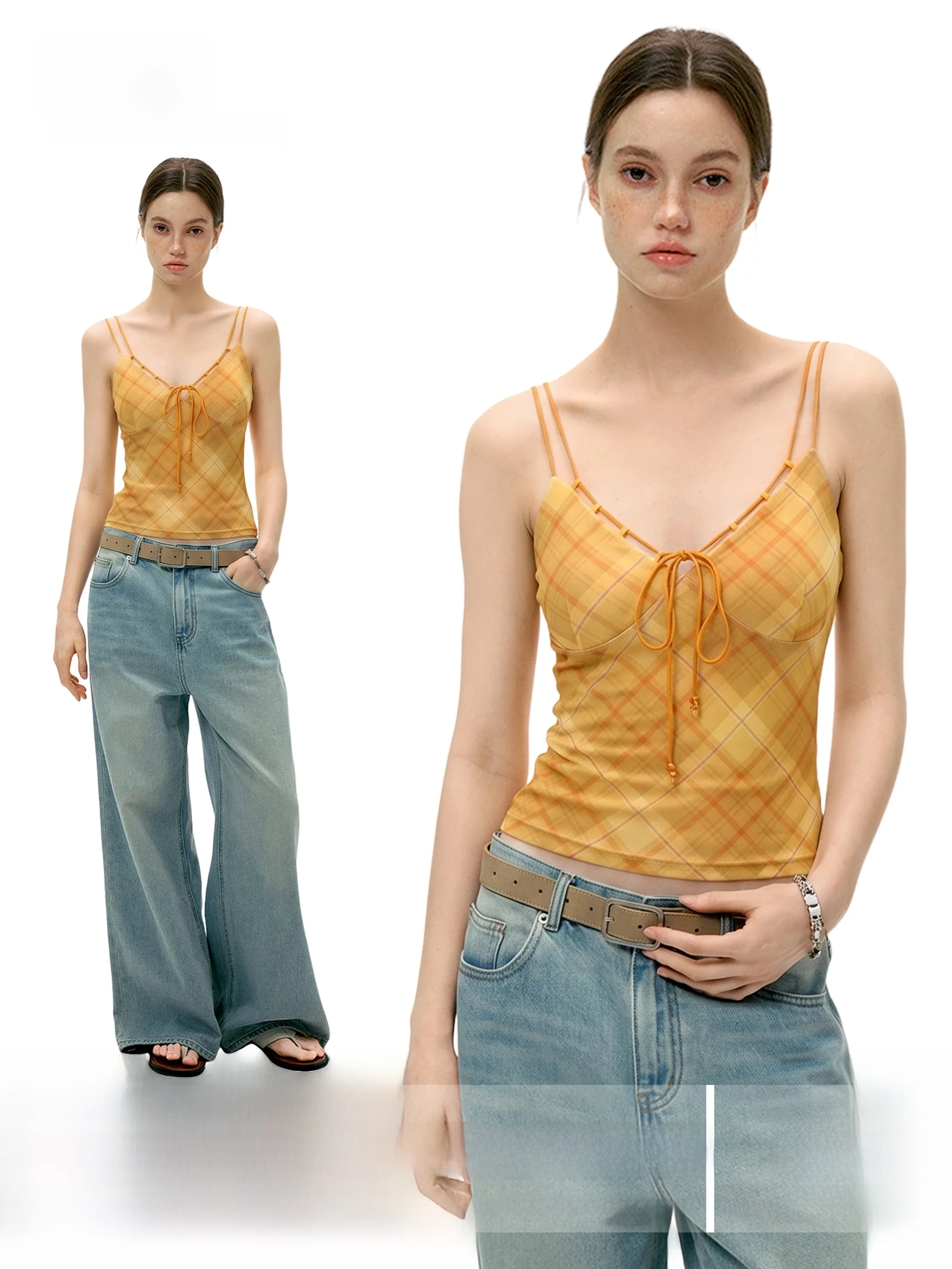 Dopamine American Spicy Orange V-neck Vest Strapless Summer Short Design Women's Checkered Sleeveless Top Waist-cinching