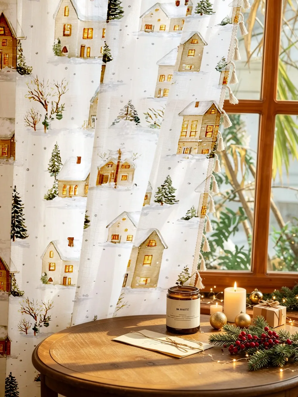 1PC Christmas Tassel Sheer Curtains, Snow House Village Pine, Digital Print, Linen Polyester, Bedroom Living Room Home Decor