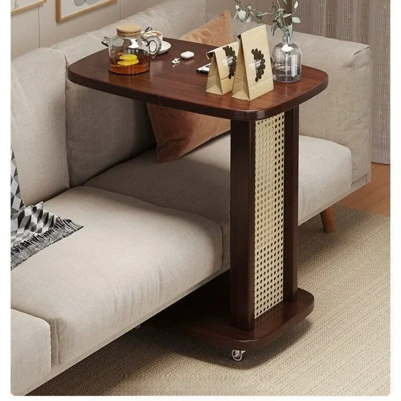 Retro style mobile side table, sofa side table with movable pulley, living room coffee table, bedside table, C-shaped side table