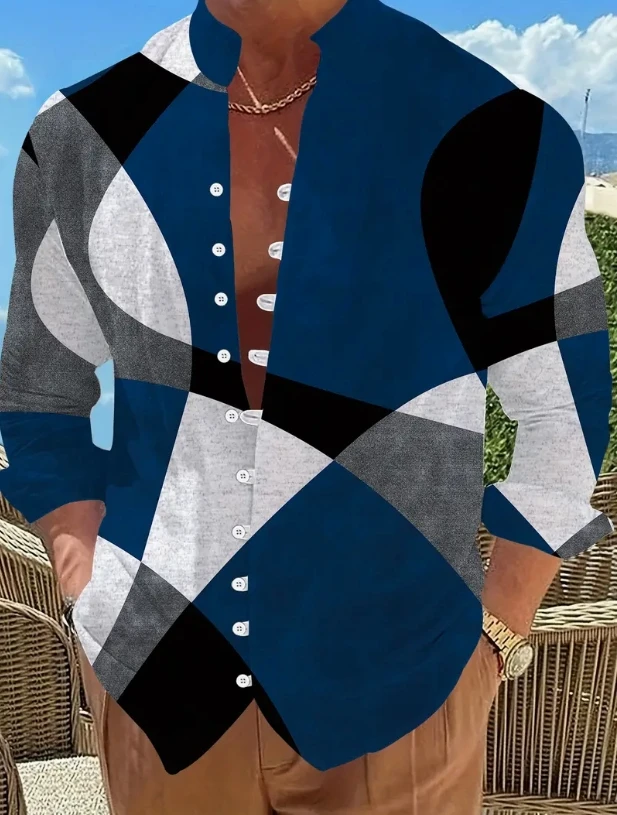 Men's standing collar long sleeved shirt is fashionable, comfortable, and casual