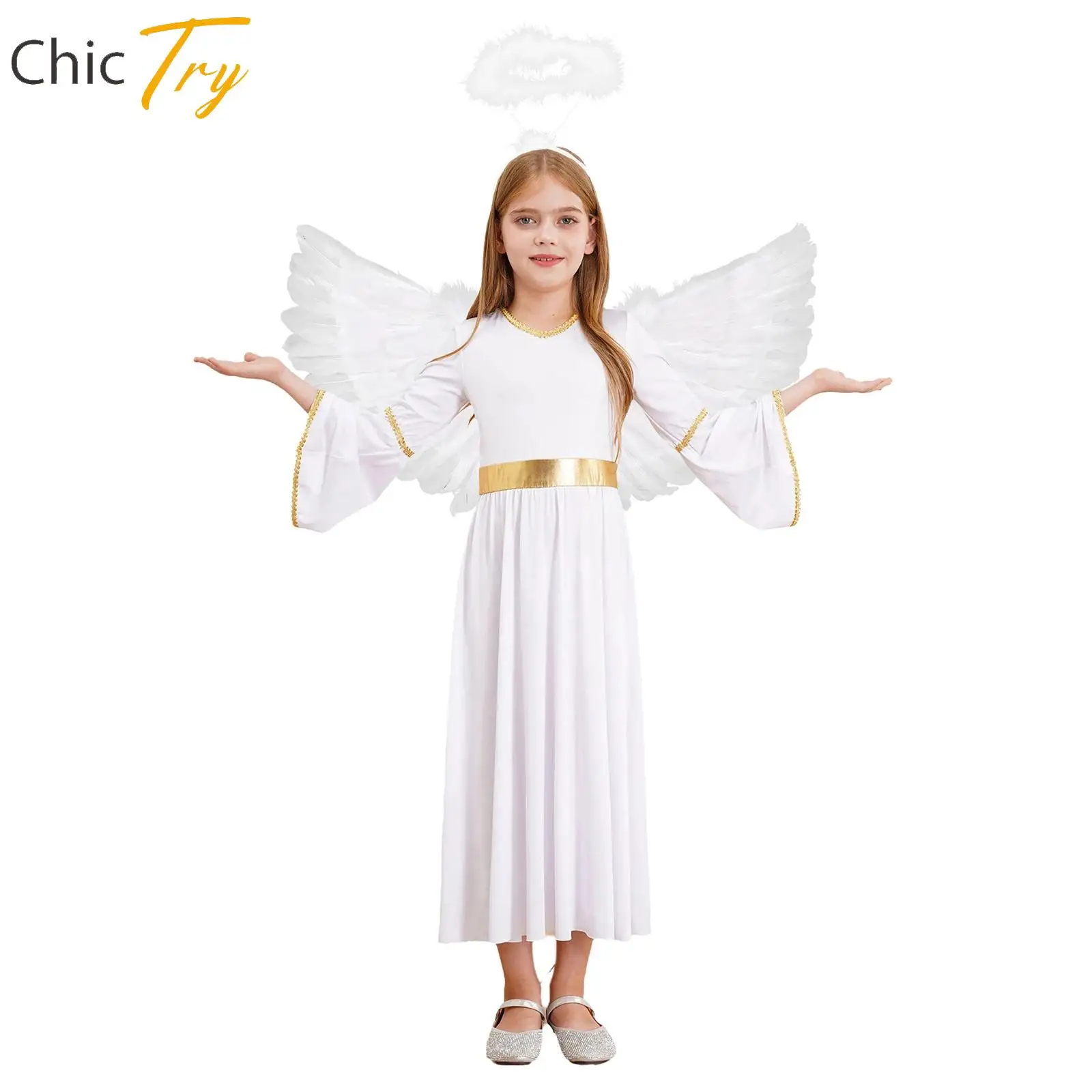 3Pcs Kids Girls Angel Costume Angel Dress Long Sleeve Gold Trim Dress with Feather Hairband + Angel Wings for Performance Dress-Up