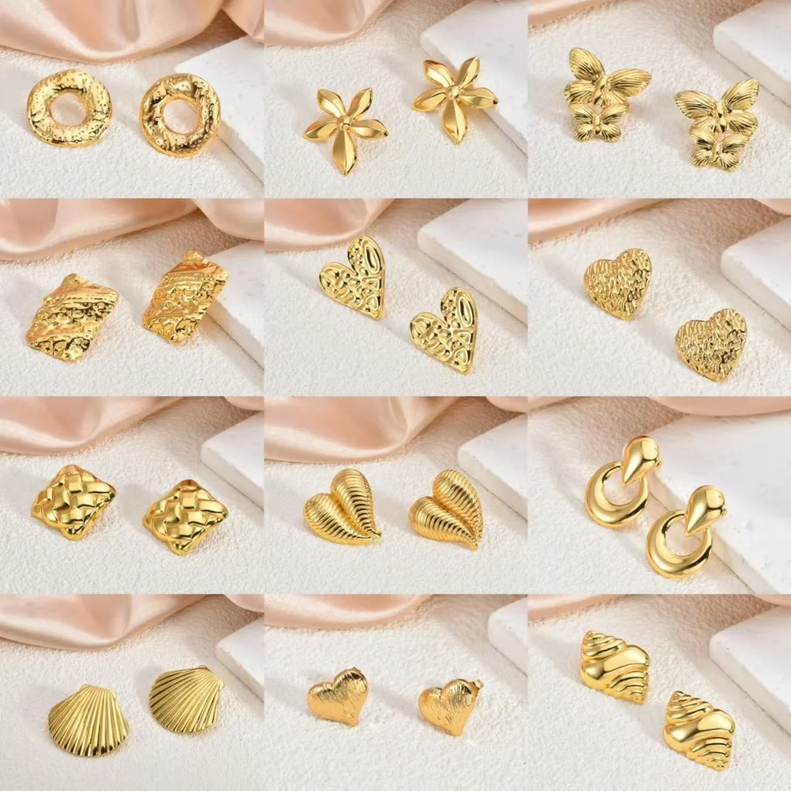 1 Pair Stylish 18K Gold Plated 304 Stainless Steel Ear Post Stud Earrings Heart Flower Butterfly Starfish For Women Gift