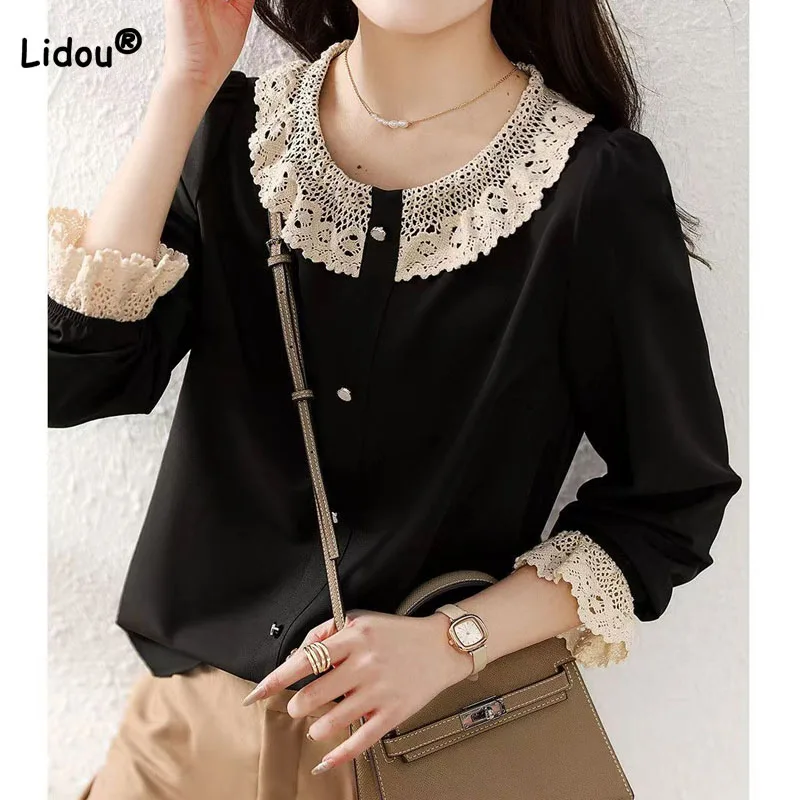 

Korean Fashion Female Lace Spliced Shirt Spring 2023 Autumn Women's Clothing Loose All-match Long Sleeve Solid Color Blouse