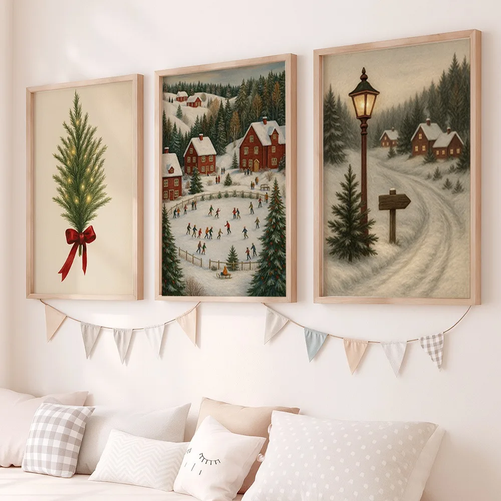 3pcs Frameless,Retro Christmas Winter Village Canvas Poster,Nordic Holiday Wall Art Featuring Snowy Scenes,for Living Room Decor