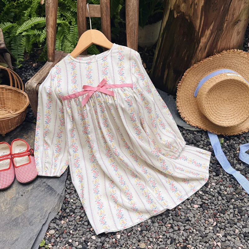 

2025Autumn Printed Girls Dress Round Neck Long Sleeve Striped Flower Dress Bow Girls Dress