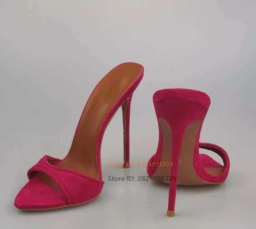 Suede Leather Stiletto Heeled Summer Slippers Women Pointed Open Toe Mules One Belt Thin High Heel Slip-On Sandals Sexy Shoes