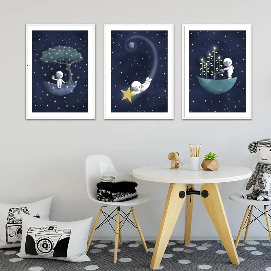 Lindo astronauta Luna estrella coche cohete planeta espacio exterior pared arte lienzo impreso pintura para sala de estar carteles modernos decoración del hogar