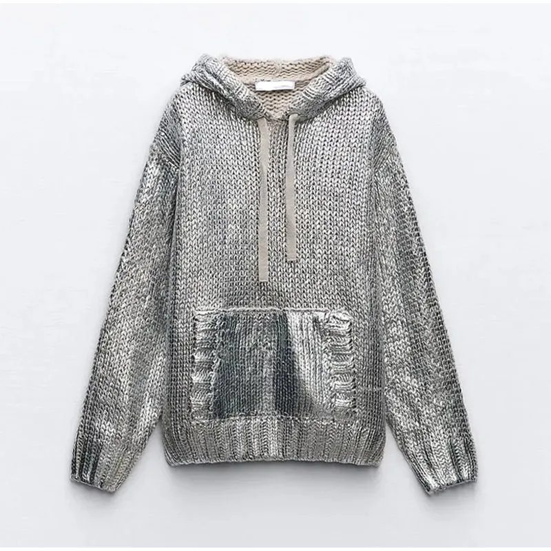 Metallic Shiny Women\'s Knit Sweater Long Sleeve Hooded Drawstring Pullover Top Loose Lady Coat 2024 Spring New Casual Female Swe