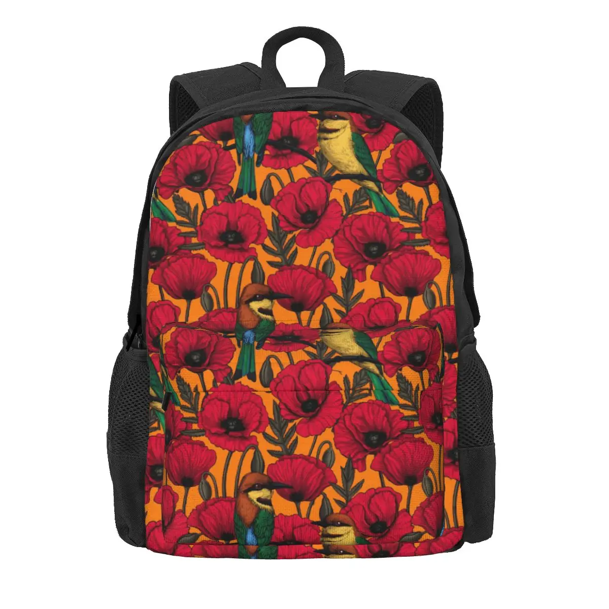 Birds Flower Backpack Unisex Bee Eaters And Poppies Pattern Backpacks Polyester Cool School Bags Trekking High Quality Rucksack