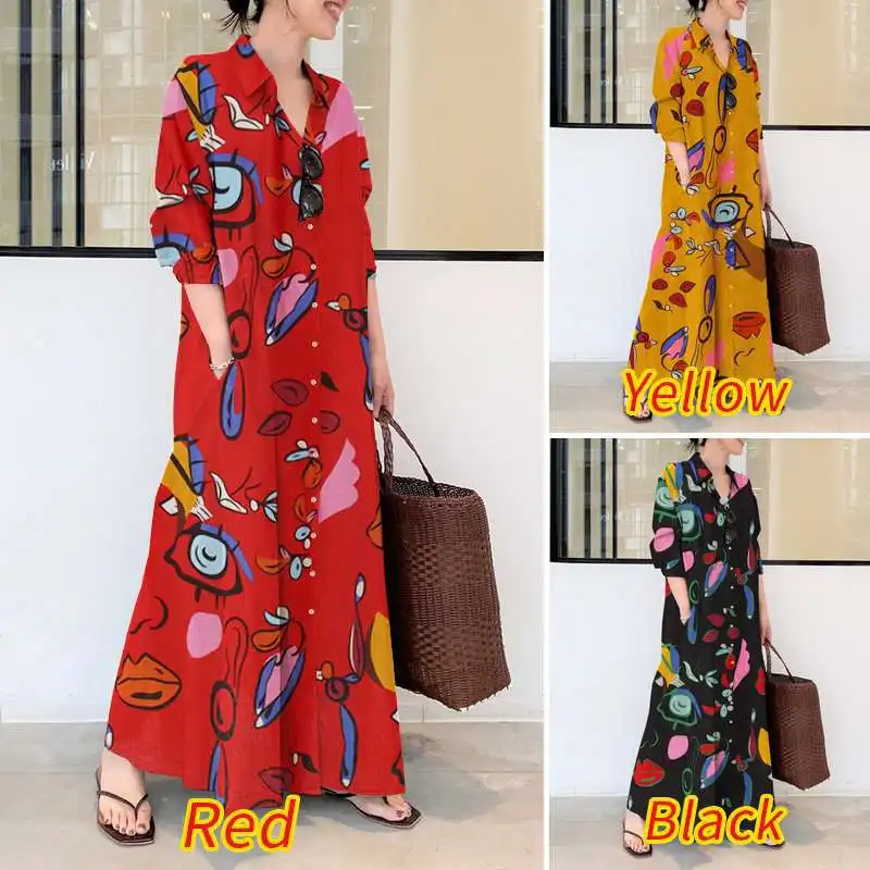 

2024 new European-style cotton and linen print lapel long sleeve insert pocket simple loose casual long cardigan dress women