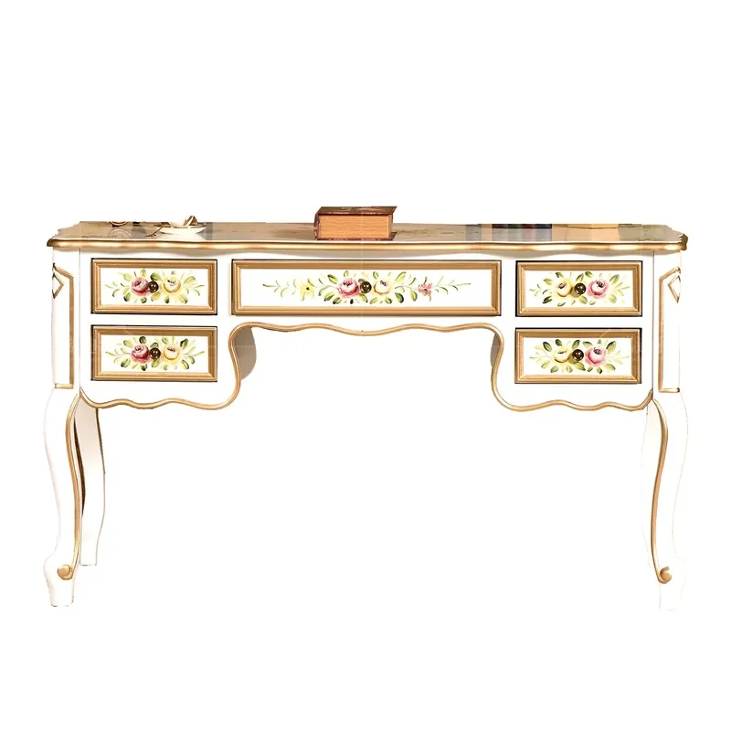 White Vintage Painted Desk with 5 Drawers Floral Pattern Storage for Home Living Room Bedroom
