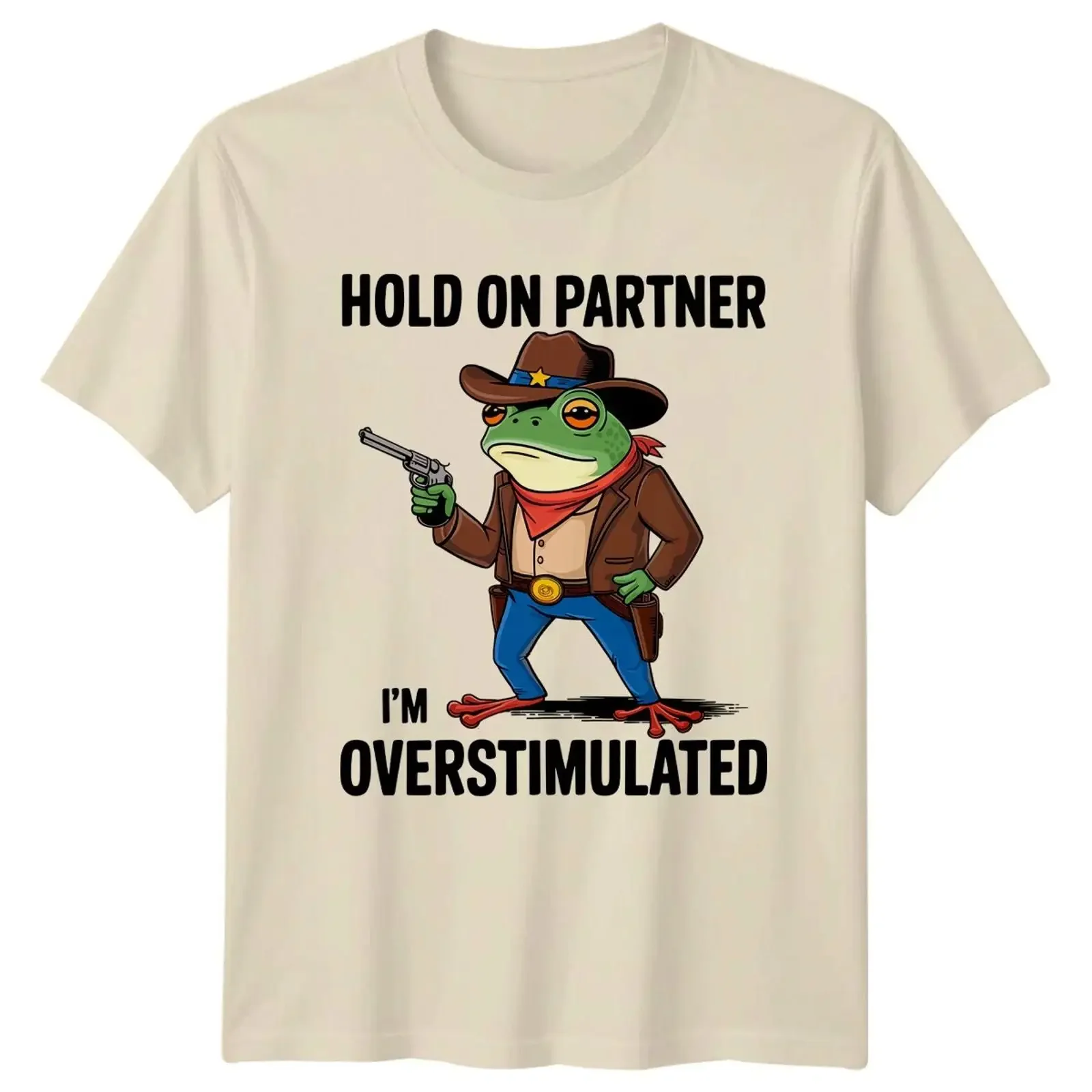 Hold On Partner I'M Overstimulated Cowboy Frog Cartoon T Shirt vintage Washed streetwear Casual Top For Everyday Wear Versatile