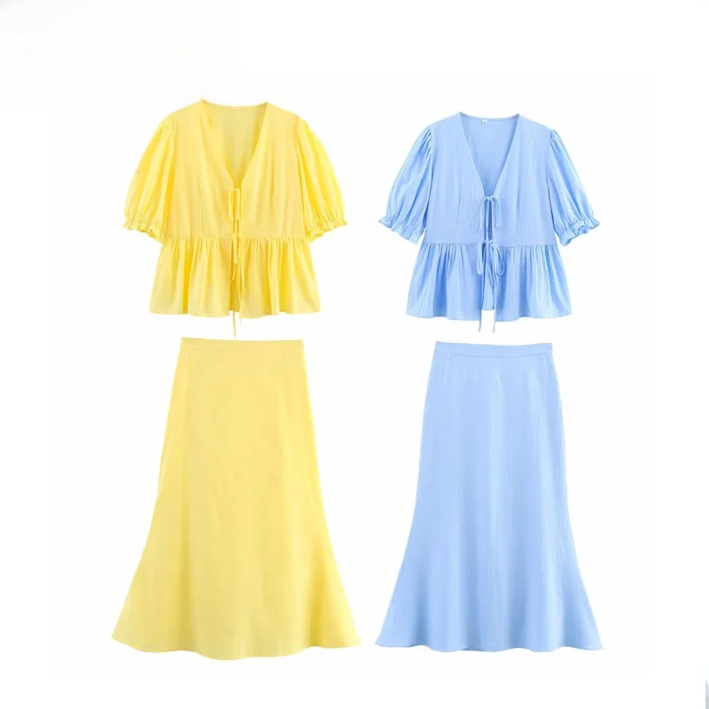 

ZBZR Spring New Women's Faion Summer New Bubble Sve V-ne Belted Top f Skirt Set ort Sve V-ne Two-piece Set