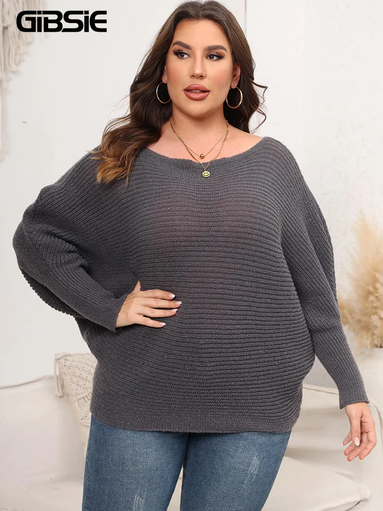 GIBSIE Plus Size bez ramion dzianinowy sweter damski 2023 jesienny Batwing z długim rękawem luźny pulower na co dzień sweter dla kobiet