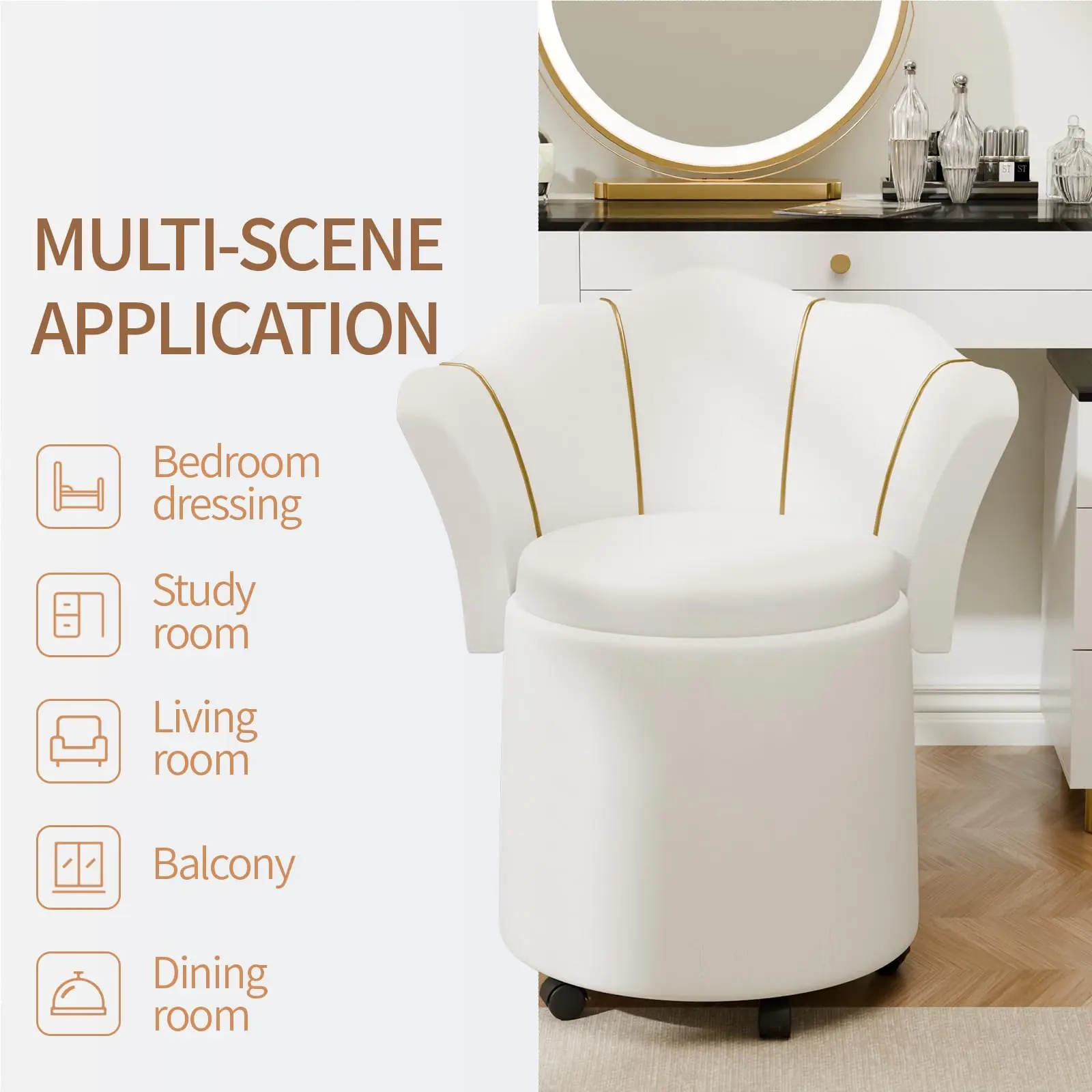m Round Velvet Storage Ottoman with Backrest and Swivel Makeup Vanity Stool for Bedroom or Living Room Seating m