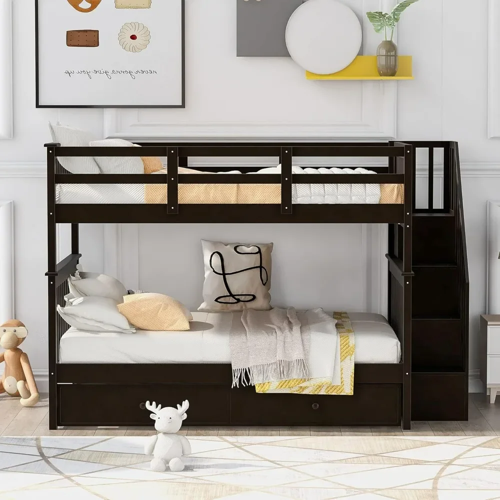 Full Over Full Bunk Bed with Trundle & Stairs, Wooden Full Size Bunk Bed Frame with Storage,for Kids Teens Adults