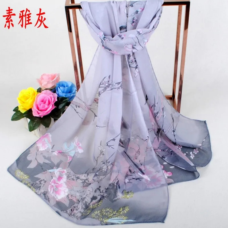 New Lucky Bird Peony Flower Elegant Chiffon Long Scarf for Women