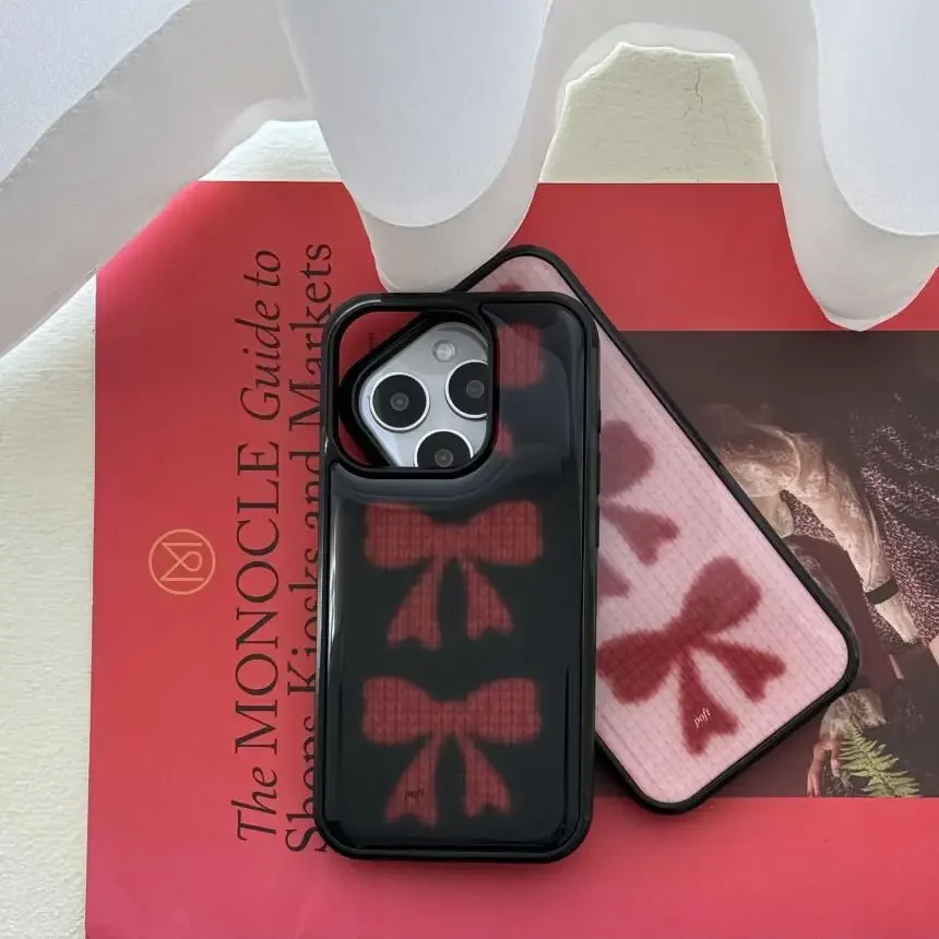 เคสโทรศัพท์ลายโบว์สีแดงน่ารักแบบเต็มจอสำหรับฤดูหนาว ผิวมันวาว สำหรับ iPhone 17 AIR 16 15 14 13 12 11 Pro MAX Plus Y2K ป้องกันการกระแทก