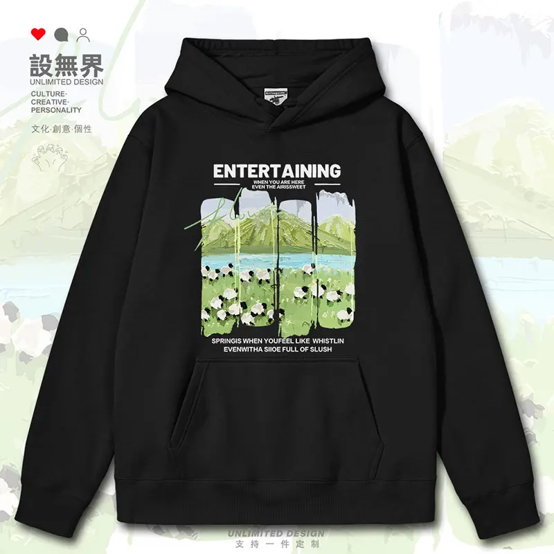 Hong Kong style chic field style sheep flock mountain range oil painting niche mens hoodies printed Coat clothes autumn winter