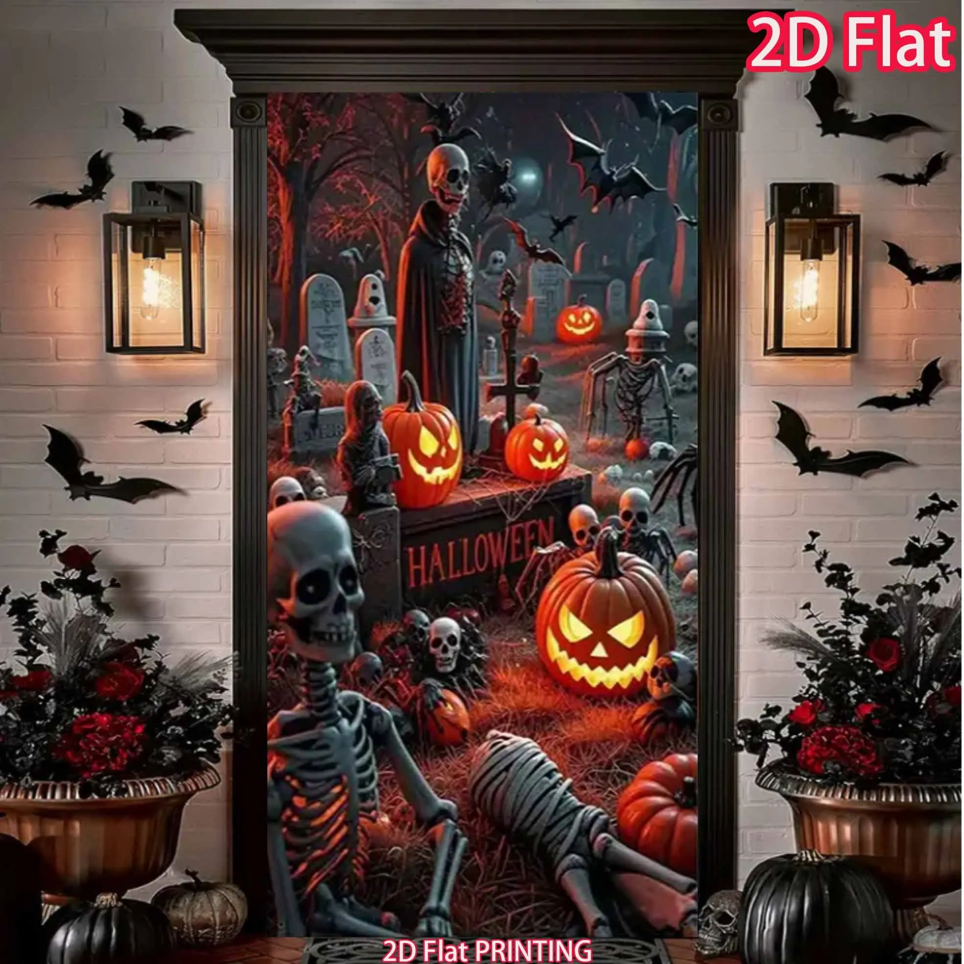 2D-Türbanner, 1 Stück Halloween-Polyester-Türbanner – Geisterschädel, Kürbislaterne und Friedhofscene mit Fledermäusen