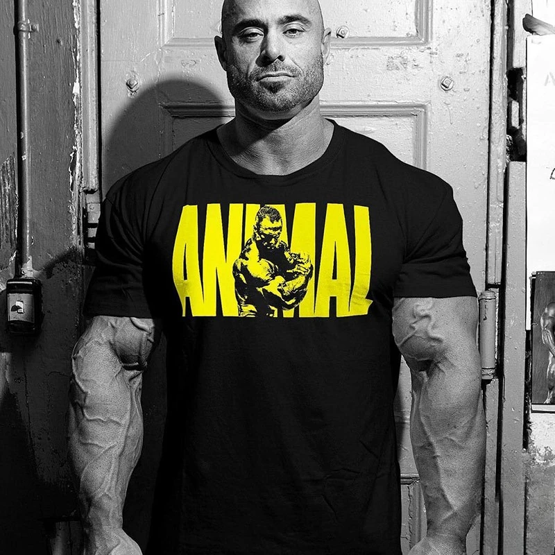 New GYM Global Beast Hardcore Fitness Men Loose Muscle Building Stretch Training Plus Size Sportswear Short Sleeve Breathable