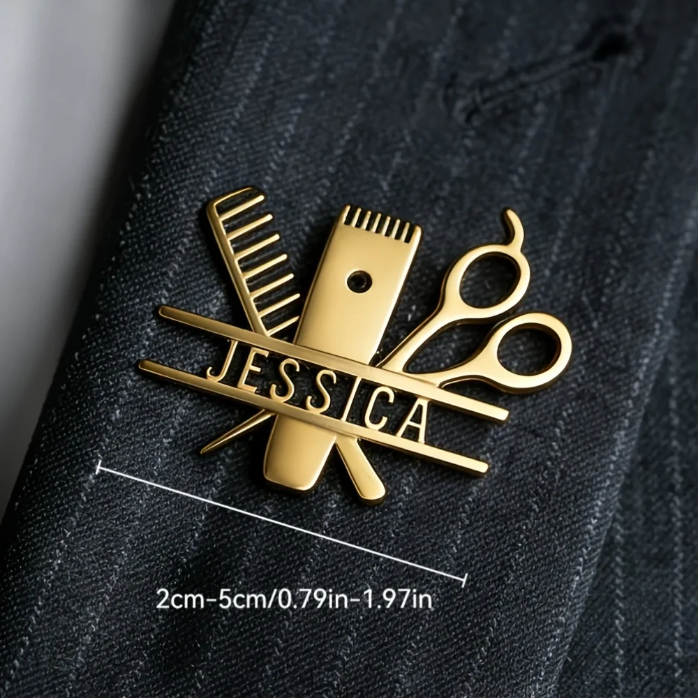 Custom Name Hairdresser Lapel Pin Personalized Gold Plated Scissors Comb Clipper Brooch Barber Stylist Stainless Steel Jewelry