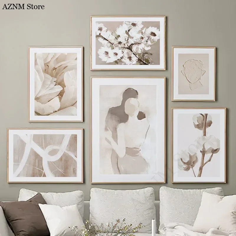 Beige Peach Blossom Swan Lover Spring Wall Art Canvas Painting Nordic Posters And Prints Wall Pictures Living Room Decoration