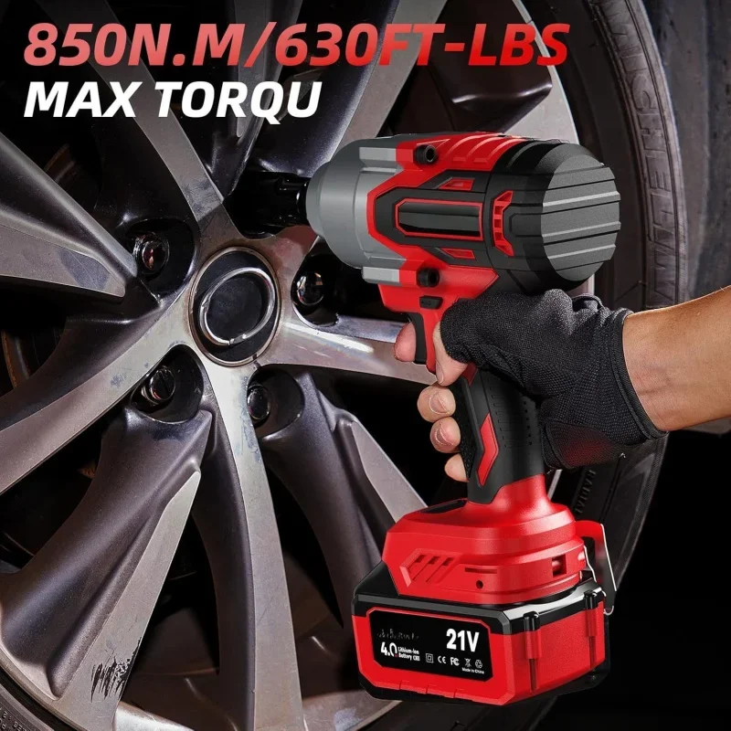 High-Torque Impact Wrench - 850N.m, 630Ft-lbs, 1/2 Inch, Rechargeable